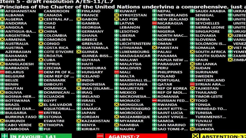 Valné shromáždění OSN vyzvalo Rusy k odchodu z Ukrajiny. Proti bylo sedm zemí